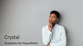  Presentation with man looking up happy - Colorful PPT layouts enhanced with young pensive african man looking backdrop and a light gray colored foreground