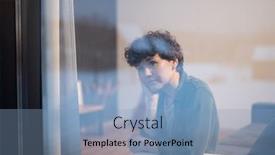  Presentation with living room - Presentation theme having young-pensive-brunette-female background and a light blue colored foreground