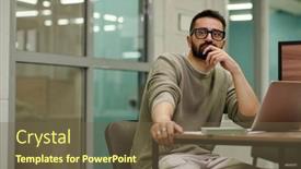  Presentation with front desk - Presentation design enhanced with young-pensive-businessman-in-eyeglasses background and a  colored foreground