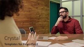  Presentation with front office - Presentation theme featuring young-pensive-businessman-sitting background and a coral colored foreground