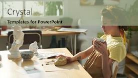  Presentation with creative thinking - Slide deck consisting of young-pensive-craftswoman-with-cup background and a mint green colored foreground