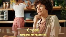  Presentation with female - Presentation theme having young-pensive-female-freelancer background and a tawny brown colored foreground