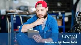  Presentation with service technician - Presentation theme enhanced with young pensive technician of repair service touching beard while scrolling in touchpad inside workshop background and a ocean colored foreground
