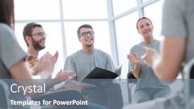  Presentation with coach - Cool new slide deck with young-people-applauding-their-coach backdrop and a seafoam green colored foreground