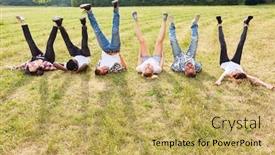  Presentation with team building - PPT theme having young-people-are-lying background and a yellow colored foreground