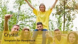  Presentation with building team - Slide deck with a team building event background and a gold colored foreground