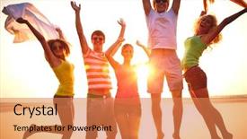  Presentation with group of people - Slide deck consisting of young people at the beach background and a coral colored foreground