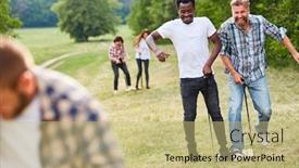  Presentation with teambuilding - Slides having young-people-at-the-teambuilding background and a mint green colored foreground