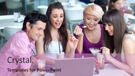  Presentation with internet cafe - Beautiful PPT theme featuring young people browsing internet backdrop and a coral colored foreground