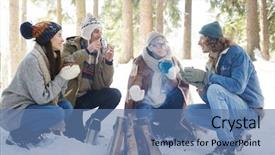  Presentation with forest fire - Theme consisting of young people camping in winter background and a teal colored foreground