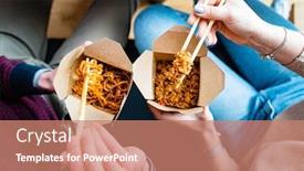  Presentation with noodles - PPT theme with young-people-eating-noodles-indoor background and a coral colored foreground