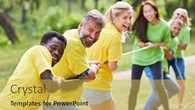 Presentation with team building - Cool new theme with young-people-enjoy-tug backdrop and a yellow colored foreground