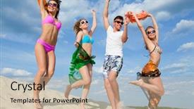  Presentation with people enjoying - Slide deck featuring young people enjoying a beach background and a  colored foreground