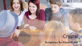  Presentation with people reflection - Beautiful presentation design featuring young people enjoying and having fun image taken mostly behind glass reflection for desired look backdrop and a coral colored foreground