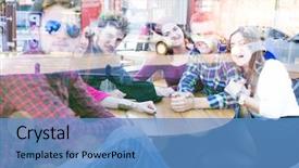  Presentation with people reflection - Audience pleasing PPT layouts consisting of young people enjoying and having fun image taken mostly behind glass reflection for desired look backdrop and a teal colored foreground