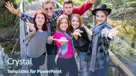  Presentation with people enjoying - Beautiful presentation featuring young people enjoying in beautiful park at river standing on bridge backdrop and a ocean colored foreground
