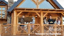  Presentation with people enjoying - Presentation theme with young people enjoying on wooden terrace in mountain house background and a coral colored foreground