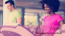  Presentation with cardio - PPT layouts with young people exercisinng a cardio on treadmill running machine in modern gym background and a coral colored foreground