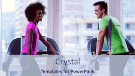  Presentation with running treadmill - Theme having young people exercisinng a cardio on treadmill running machine in modern gym background and a sky blue colored foreground