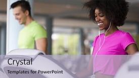  Presentation with running treadmill - Audience pleasing PPT theme consisting of young people exercisinng a cardio on treadmill running machine in modern gym backdrop and a light blue colored foreground