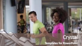  Presentation with running treadmill - Slide set consisting of young people exercisinng a cardio on treadmill running machine in modern gym background and a gray colored foreground