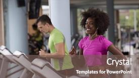  Presentation with running treadmill - PPT theme enhanced with young people exercisinng a cardio background and a violet colored foreground