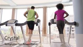  Presentation with running treadmill - Amazing slide set having young people exercisinng a cardio on treadmill running chine in modern gym backdrop and a soft green colored foreground