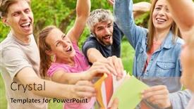  Presentation with building team - Presentation theme having young-people-full-of-enthusiasm background and a coral colored foreground