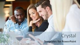  Presentation with restaurant - Audience pleasing slide set consisting of young people gaze fixedly at their smartphone while eating in the restaurant backdrop and a light blue colored foreground