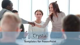  Presentation with meeting - Slides having young-people-greet-each background and a light blue colored foreground