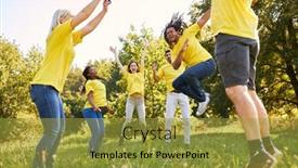  Presentation with team building - PPT layouts featuring young-people-happily-jumping background and a gold colored foreground