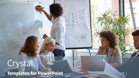  Presentation with young business people - Presentation design with young-people-having-business-meeting background and a seafoam green colored foreground