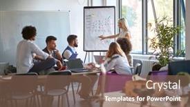  Presentation with young business people - Cool new slide set with young-people-having-business-meeting backdrop and a violet colored foreground