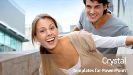  Presentation with college campus - Presentation featuring young people having fun background and a coral colored foreground