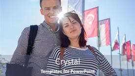  Presentation with international - Cool new presentation theme with young people having international meeting backdrop and a ocean colored foreground