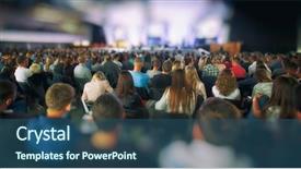  Presentation with listening - Slide deck having people in a big hall background and a tawny brown colored foreground