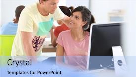  Presentation with desktop - Presentation design featuring young people in business class working on desktop background and a light blue colored foreground