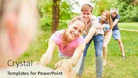  Presentation with teams - Slide set having young-people-in-outdoor-camp background and a yellow colored foreground