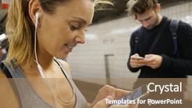  Presentation with station - Colorful slide deck enhanced with young people in subway station looking at smartphone backdrop and a coral colored foreground