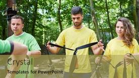  Presentation with learn - Presentation theme consisting of young people in the beginner course in the climbing forest learn to secure with climbing harnesses background and a yellow colored foreground