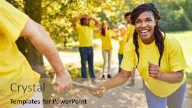  Presentation with team building - Presentation design consisting of young-people-in-the-competition background and a coral colored foreground