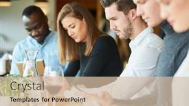  Presentation with restaurant - Cool new slide deck with young-people-in-the-restaurant backdrop and a soft green colored foreground