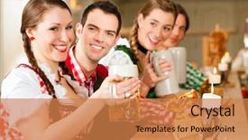  Presentation with pub - Cool new presentation theme with young people in traditional bavarian tracht in restaurant or pub with beer and steins backdrop and a coral colored foreground