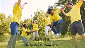  Presentation with building team - PPT theme enhanced with young-people-jump-together background and a gold colored foreground