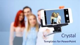  Presentation with smart - Colorful presentation design enhanced with young people making group photo with smart phone on blue wall background backdrop and a light blue colored foreground