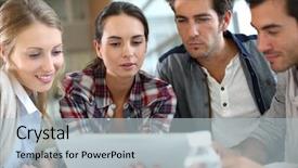  Presentation with meeting - Colorful presentation design enhanced with young people meeting with digital backdrop and a light blue colored foreground