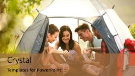  Presentation with playing cards - PPT theme having young people on camp background and a red colored foreground