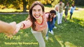  Presentation with team hands - PPT theme enhanced with young-people-pulling-hands-during background and a tawny brown colored foreground