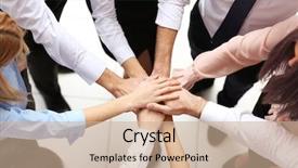  Presentation with risk top view - Presentation design consisting of young people putting hands together background and a coral colored foreground