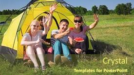  Presentation with tent - Amazing PPT layouts having young people relaxing on camping near the tent backdrop and a tawny brown colored foreground